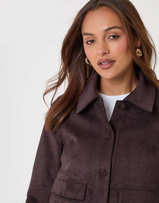Threadbare Faux suede collared jacket in chocolate brown, 3 of 5