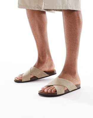  Faux suede cross strap sandals in beige