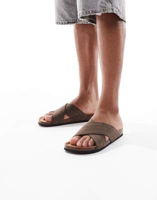  Faux suede cross strap sandals in chocolate