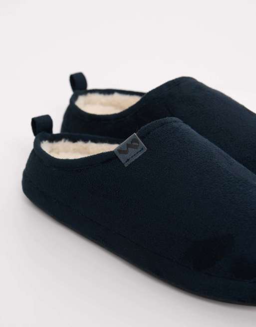 Threadbare Faux suede faux fur lined mule slippers in navy, 4 of 5