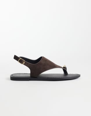 faux suede flat sandals with toe post in chocolate brown
