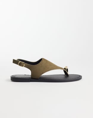  faux suede flat sandals with toe post in khaki