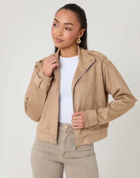 Threadbare Faux suede funnel neck bomber jacket in beige