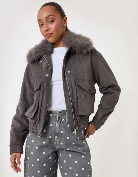 Threadbare Faux suede fur collared jacket in charcoal grey - view 1