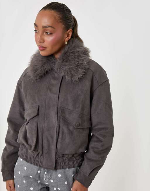 Threadbare Faux suede fur collared jacket in charcoal grey, 3 of 5