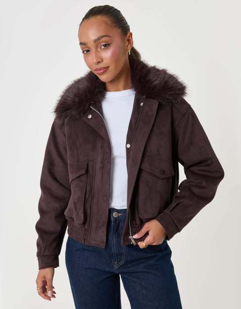 Threadbare Faux suede fur collared jacket in chocolate brown - view 1