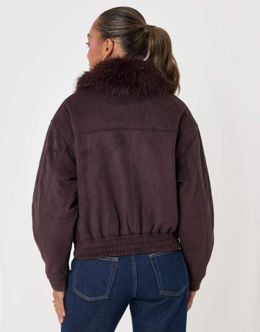 Threadbare Faux suede fur collared jacket in chocolate brown, 2 of 5