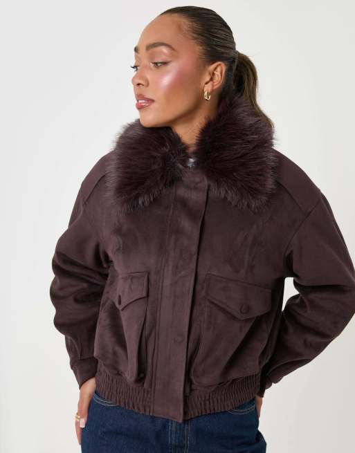 Threadbare Faux suede fur collared jacket in chocolate brown, 3 of 5