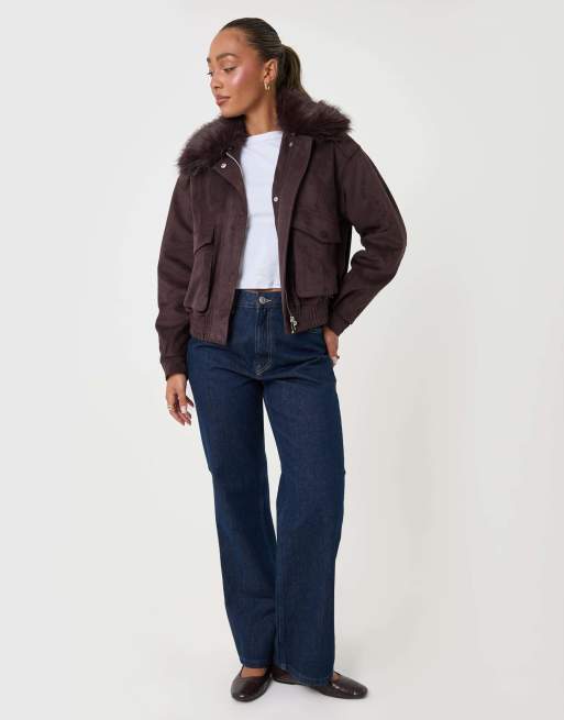 Threadbare Faux suede fur collared jacket in chocolate brown, 4 of 5