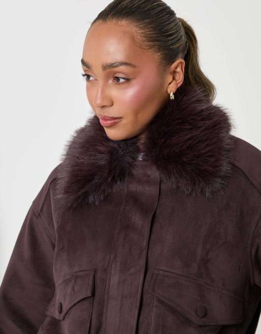 Threadbare Faux suede fur collared jacket in chocolate brown, 5 of 5