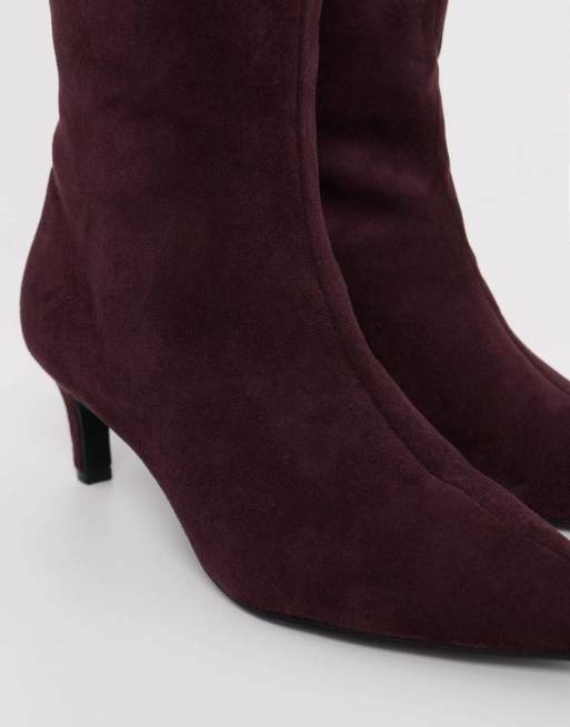 Threadbare Faux suede kitten heel knee high boots in berry, 2 of 4