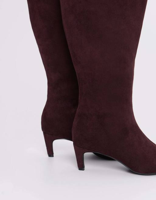 Threadbare Faux suede kitten heel knee high boots in berry, 3 of 4