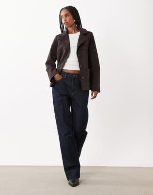 Threadbare Faux Suede Mid Length Button Down Jacket In Brown