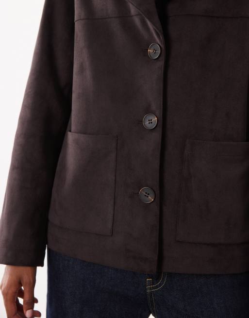 Threadbare faux suede mid length button down jacket in chocolate brown, 3 of 4