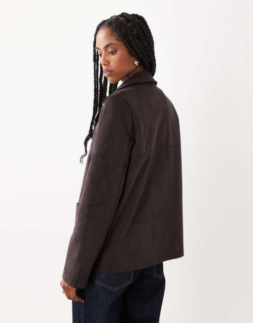 Threadbare faux suede mid length button down jacket in chocolate brown, 4 of 4