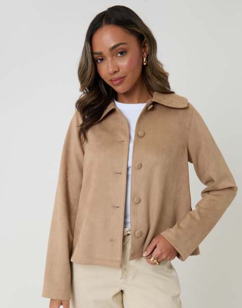 Threadbare Faux suede peter pan collar cropped jacket in beige