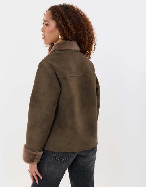 Threadbare Faux suede shacket with collar in mink brown, 2 of 4