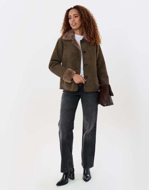 Threadbare Faux suede shacket with collar in mink brown, 4 of 4