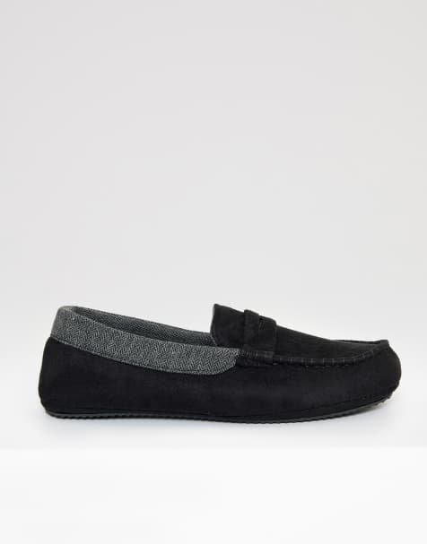 Threadbare Faux suede trim moccasin slippers in black - view 1