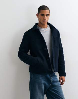Threadbare Faux Wool Collared Jacket With Patch Pockets In Navy