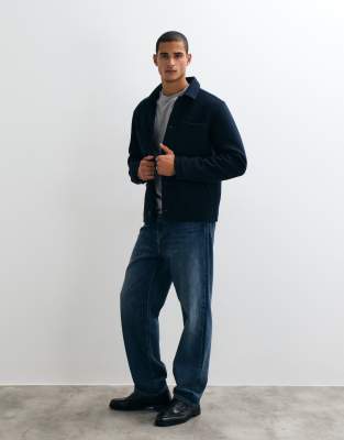 Threadbare Faux Wool Collared Jacket With Patch Pockets In Navy