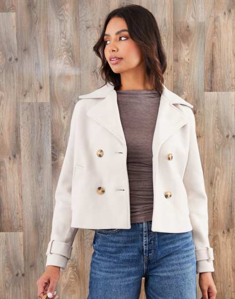 Threadbare Faux wool cropped trench coat in cream - view 1
