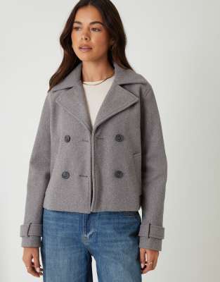 Threadbare Faux Wool Cropped Trench Coat In Grey