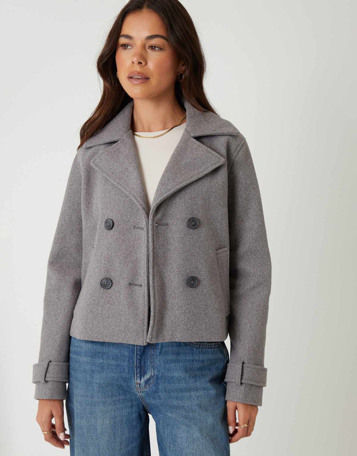 Threadbare Faux wool cropped trench coat in grey