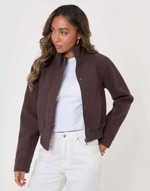 Threadbare Faux wool funnel neck bomber jacket in chocolate brown, 2 of 5
