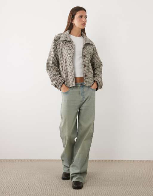 Threadbare faux wool funnel neck jacket in brown plaid, 2 of 4