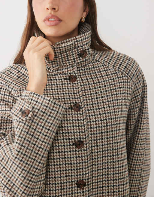 Threadbare faux wool funnel neck jacket in brown plaid, 3 of 4