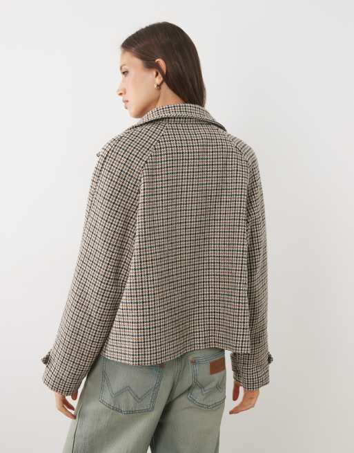 Threadbare faux wool funnel neck jacket in brown plaid, 4 of 4