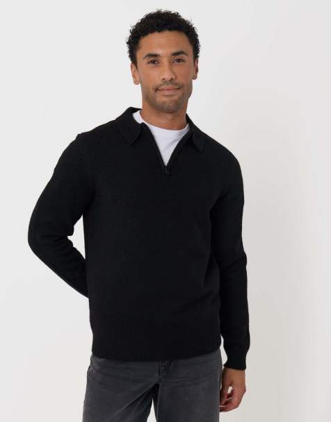 Threadbare Faux wool quarter zip polo in black - view 1