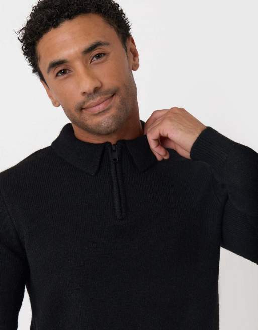 Threadbare Faux wool quarter zip polo in black, 3 of 5