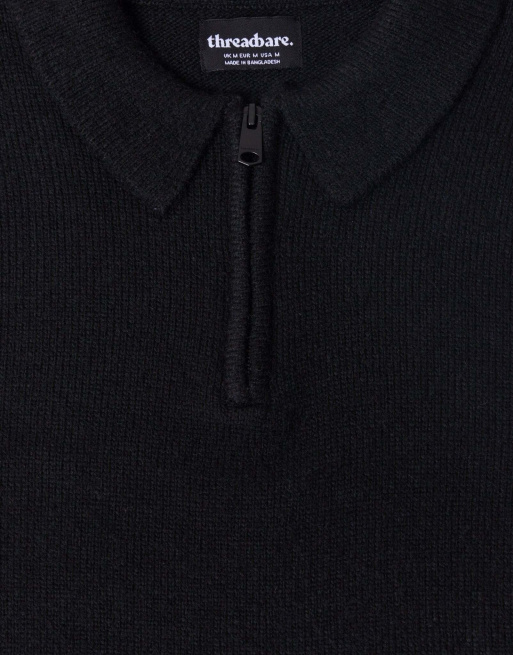 Threadbare Faux wool quarter zip polo in black, 5 of 5