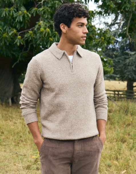 Threadbare Faux wool quarter zip polo in taupe - view 1
