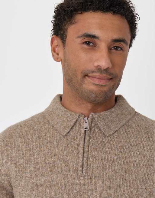 Threadbare Faux wool quarter zip polo in taupe, 4 of 4