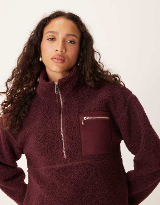 Threadbare - Felpa in pile borg color fico con tasca e zip corta, 2 di 4