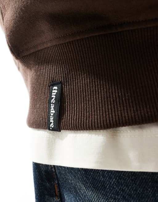 Threadbare - Felpa marrone cioccolato con zip corta, 3 di 4