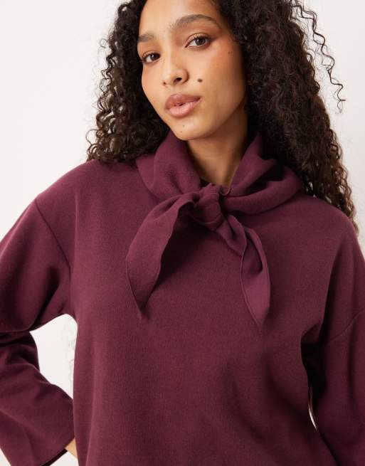 Threadbare - Felpa morbida al tatto in misto cotone e jersey color bordeaux con foulard, 4 di 4