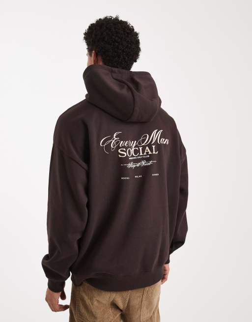 Threadbare - Felpa oversize color marrone cioccolato con cappuccio e stampa sul retro