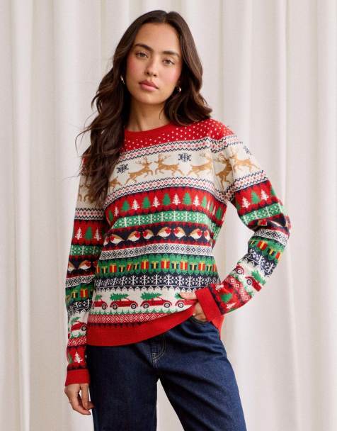 Threadbare Festive fairisle knitted christmas jumper in red - view 1