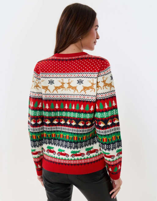 Threadbare Festive fairisle knitted christmas jumper in red, 3 of 5