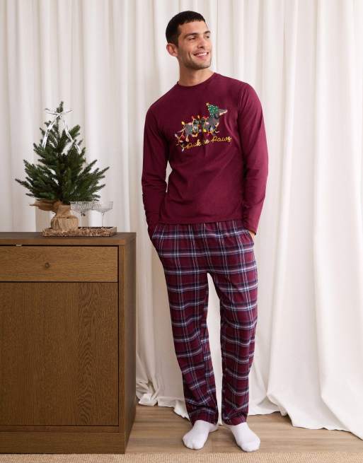 Threadbare Festive sausage dog pyjama set in burgundy, 2 of 5