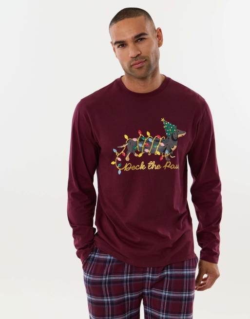 Threadbare Festive sausage dog pyjama set in burgundy, 3 of 5