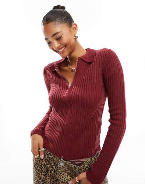 Threadbare – Figurbetonter Pullover in Burgunderrot mit durchgehendem Reißverschluss - view 1