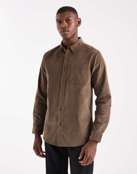 Threadbare fine cord button down shirt in brown - view 1