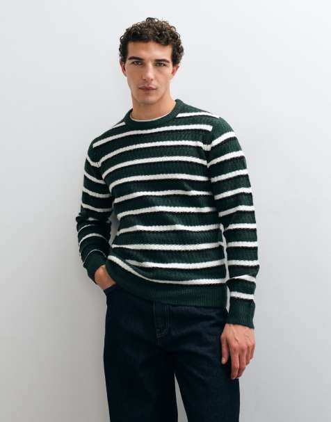 Threadbare fine knit striped crew neck jumper in green - view 1