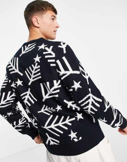 Threadbare fir print crew neck christmas jumper in navy, 2 of 4