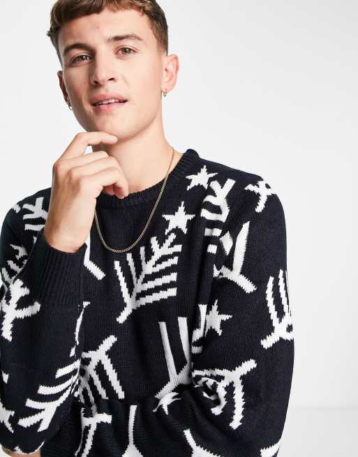 Threadbare fir print crew neck christmas jumper in navy, 3 of 4